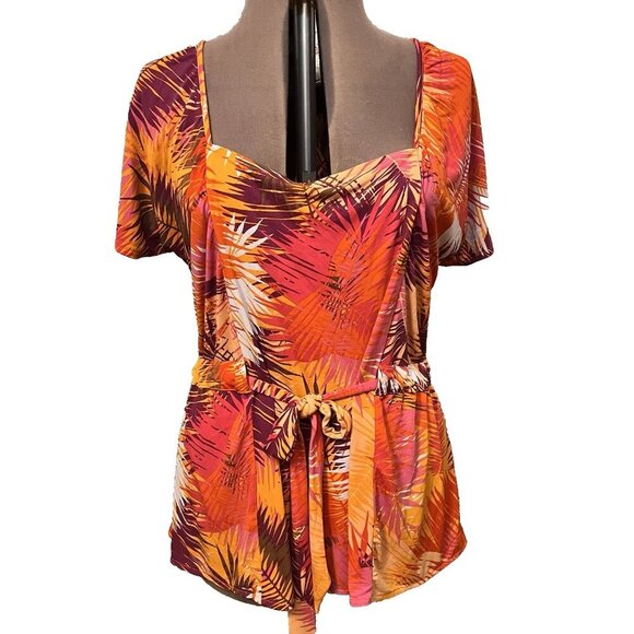 ATTENTION. Size 2X . Stretch Orange Square Neck Pullover Belted Top. B94 - Picture 1 of 7